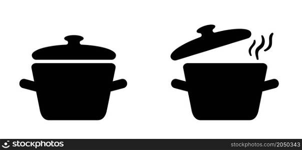 Stewpot Cartoon pot or pan food icon or pictogram. Cooking, picnic or eating logo or symbol. Vector cookware or kitchen food menu. Restaurant dinner idea.