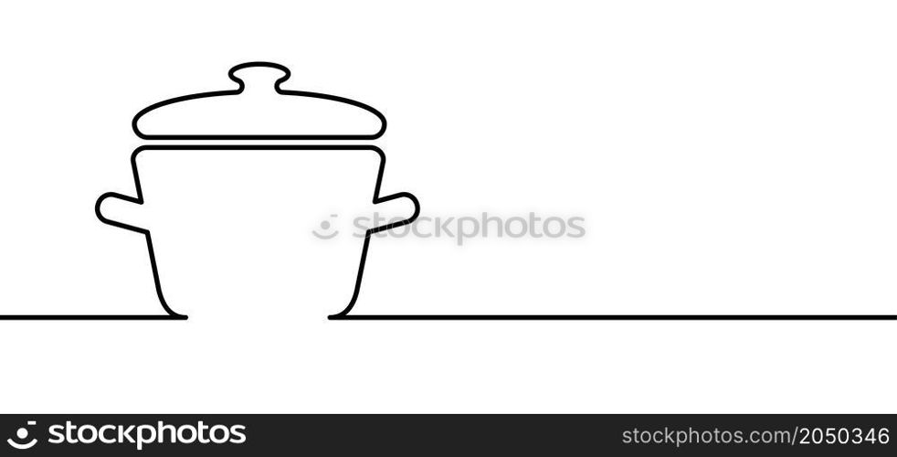 Stewpot Cartoon pot or pan food icon or pictogram. Cooking, picnic or eating logo or symbol. Vector cookware or kitchen food menu. Restaurant dinner idea. Line pattern.