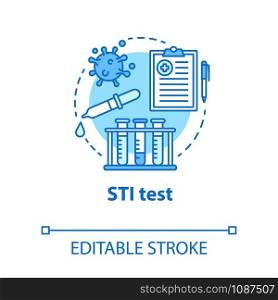 STI test concept icon. Safe sex. HIV, hepatitis prevention. Pharmaceutical research. Male, female healthcare idea thin line illustration. Vector isolated outline drawing. Editable stroke