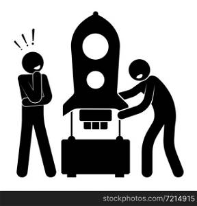 Stick figure, engineers are assembling model of space rocket on pedestal. Design of rockets and ships in aerospace industry. Simple black and white vector isolated on white background