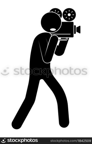 stick figure, man operator with camera. World Cinema Day December 28th. Vector on white background
