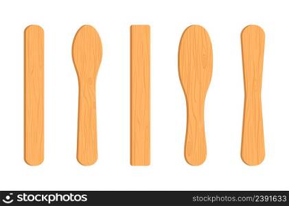 Stick for ice cream and popsicle. Lollipop sticks. Wood sticks for ice cream. Craft of wood. Wooden texture on stick. Brown wooden spatulas isolated on white background. Vector.