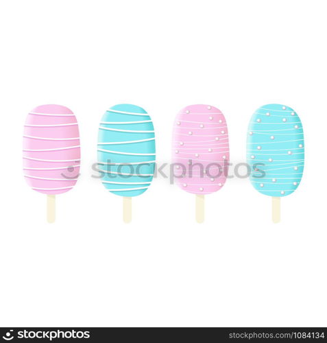 Stick ice cream set, blue and white icing with stripes and dressing Summer sweetmeat, holiday, Vector illustration. Confection, ripple, ice-cream, For decoration. For blog, web print label tag. Stick ice cream set, blue and white icing with stripes and dressing Summer sweetmeat,