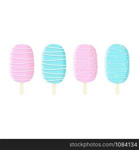 Stick ice cream set, blue and white icing with stripes and dressing Summer sweetmeat, holiday, Vector illustration. Confection, ripple, ice-cream, For decoration. For blog, web print label tag. Stick ice cream set, blue and white icing with stripes and dressing Summer sweetmeat,