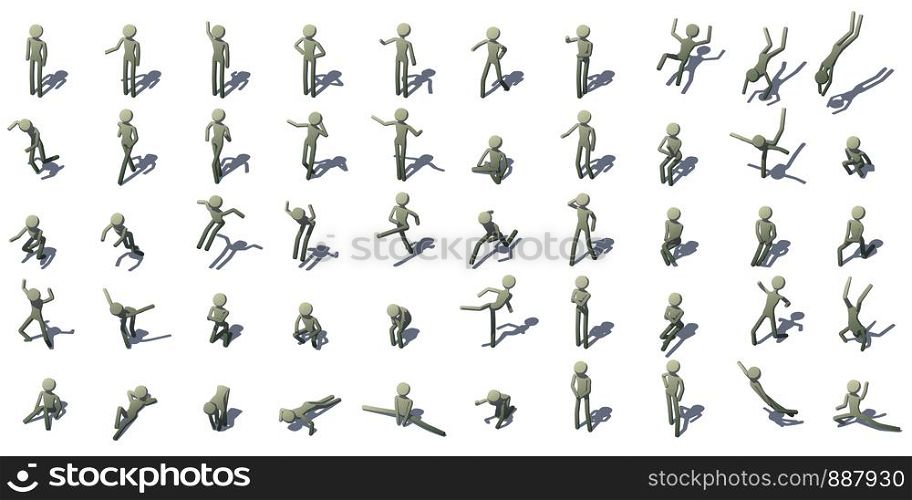 Stick man figures icons set. Isometric illustration of 16 stick man figures vector icons for web. Stick man figures icons set, isometric style