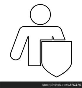 Stick man with shield Protecting personal data concept Man holding shield for reflecting attack Protected from attack idea icon black color outline vector illustration flat style simple image. Stick man with shield Protecting personal data concept Man holding shield for reflecting attack Protected from attack idea icon black color outline vector illustration flat style image