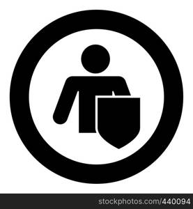 Stick man with shield Protecting personal data concept Man holding shield for reflecting attack Protected from attack idea icon in circle round black color vector illustration flat style simple image. Stick man with shield Protecting personal data concept Man holding shield for reflecting attack Protected from attack idea icon in circle round black color vector illustration flat style image