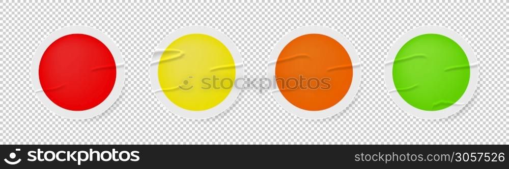 Sticker blank with wrinkles colored adhesive mock up set, round collection of curved sticky circle paper folded realistic fold vector isolated illustration