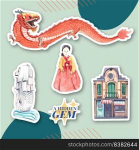 Sticker design with Asia travel concept for character cartoon isolated watercolor vector illustration 