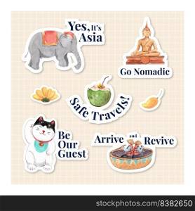Sticker design with Asia travel concept for character cartoon isolated watercolor vector illustration 