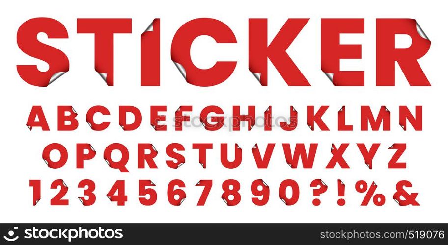 Sticker font. Sticky paper alphabet letters, stylized notepad stickers lettering and 3d fonts label. sticky paper alphabet font, notepad abc letter and number. Isolated symbols vector illustration set. Sticker font. Sticky paper alphabet letters, stylized notepad stickers lettering and 3d fonts label symbols vector illustration set