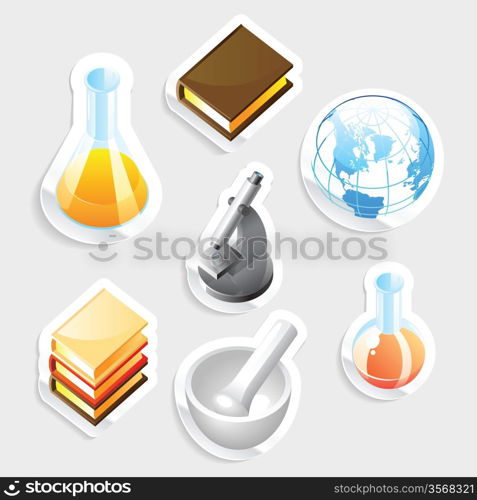 Sticker icon set for education and science. Vector illustration.