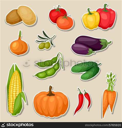 Sticker icon set of fresh ripe stylized vegetables.