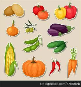 Sticker icon set of fresh ripe stylized vegetables.