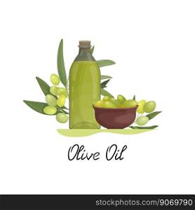 Sticker, label or emblem with a bottle of olive oil and a plate of olives. Packaging or advertising design for olive business and oil