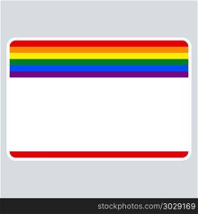 Sticker Name Tag LGBT Rainbow Flag. Use it in all your designs. Blank name tag sticker without HELLO my name is rectangular badge painted in the colors of the LGBT movement rainbow flag. Quick recolorable element in vector illustration
