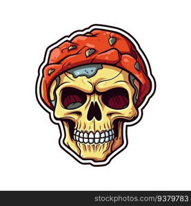 Sticker of a skull in a red hat. Vector illustration.