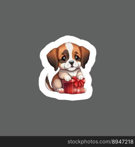 Sticker of puppy valentines with gift box