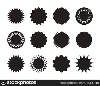 Sticker of star. Circle shape of starburst for offer, sale and price. Icon of burst discount. Blank label for advertising, retail. Black special tag, banner for marketing. Badge for shopping. Vector.. Sticker of star. Circle shape of starburst for offer, sale and price. Icon of burst discount. Blank label for advertising, retail. Black special tag, banner for marketing. Badge for shopping. Vector