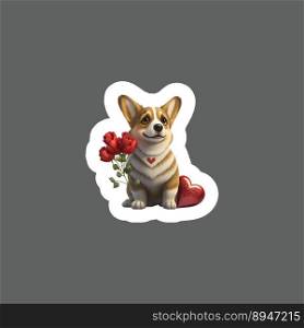 Sticker of valentine dog with rose and heart