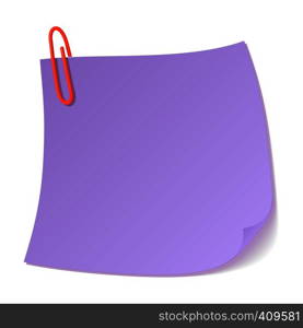 Sticker on the clip cartoon icon. Purple sheet of paper isolated on a white . Sticker on the clip icon