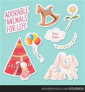 Sticker template with adorable animals concept,watercolor style
