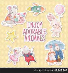 Sticker template with adorable animals concept,watercolor style 