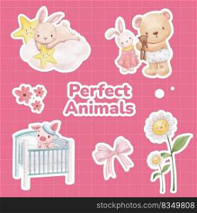 Sticker template with adorable animals concept,watercolor style 