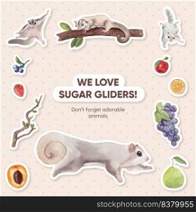 Sticker template with adorble sugar gliders concept,watercolor style 