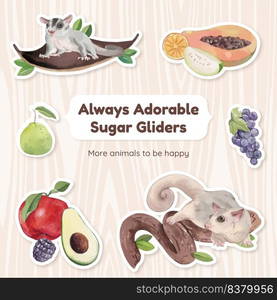 Sticker template with adorble sugar gliders concept,watercolor style 