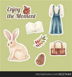 Sticker template with autumn outfit woodland life concept,watercolor style 
