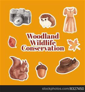 Sticker template with autumn outfit woodland life concept,watercolor style 