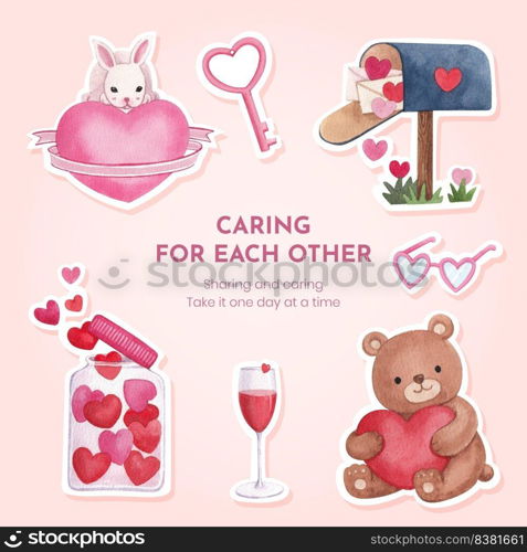 Sticker template with big love hug valentines day concept,watercolor style 