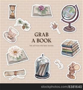 Sticker template with book letter vintage concept,watercolor style 