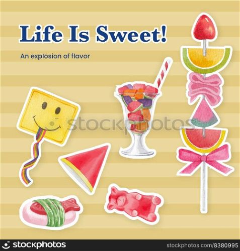 Sticker template with candy jelly party concept,watercolor style  