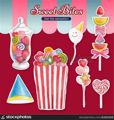 Sticker template with candy jelly party concept,watercolor style


