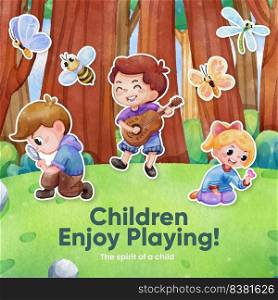 Sticker template with children enjoy in spring,watercolor style 
