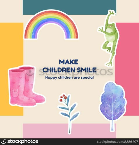 Sticker template with children rainy season concept,watercolor style 