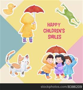 Sticker template with children rainy season concept,watercolor style
