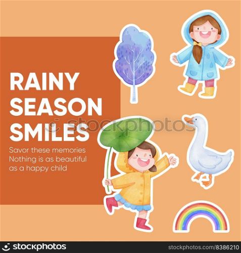 Sticker template with children rainy season concept,watercolor style 