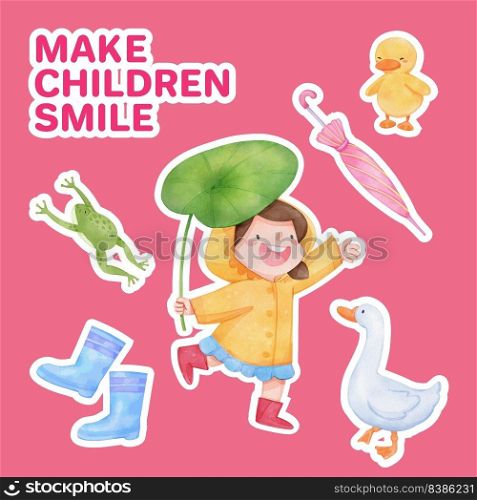 Sticker template with children rainy season concept,watercolor style
