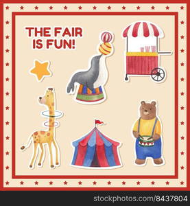 Sticker template with circus funfair concept,watercolor style
