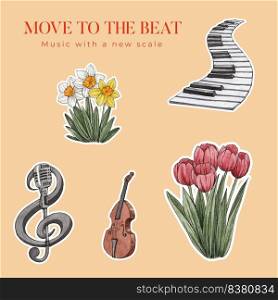 Sticker template with diverse music on street concept,watercolor style
