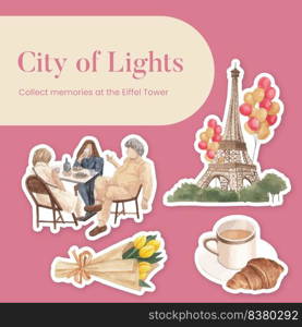 Sticker template with Eifel in Paris lover concept,watercolor style
