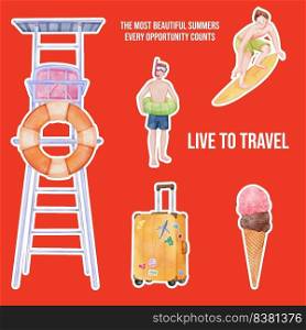Sticker template with enjoy summer holiday concept,watercolor style  