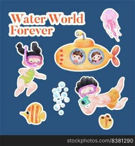 Sticker template with explore ocean world concept,watercolor style 