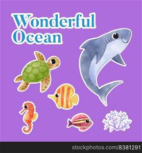 Sticker template with explore ocean world concept,watercolor style 