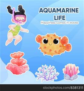 Sticker template with explore ocean world concept,watercolor style
