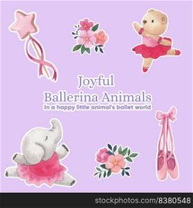 Sticker template with Fairy ballerinas animals concept,watercolor style 