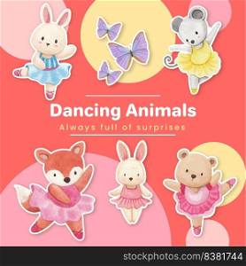 Sticker template with Fairy ballerinas animals concept,watercolor style 